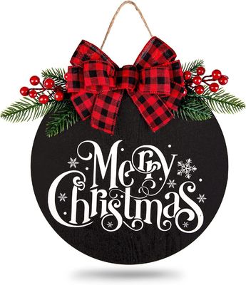 Round Wooden Hanging Sign for Front Door Merry Christmas Welcome Wood Sign Solid Wood