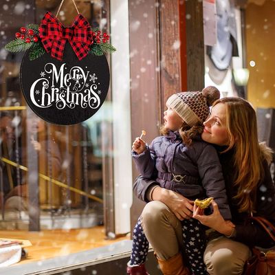 Round Wooden Hanging Sign for Front Door Merry Christmas Welcome Wood Sign Solid Wood