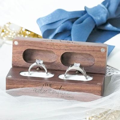 Rustic Vintage Solid Wood Rectangle Jewelry Storage 2 Ring Box with TIMBER Engraving