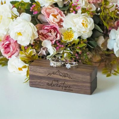Rustic Vintage Solid Wood Rectangle Jewelry Storage 2 Ring Box with TIMBER Engraving