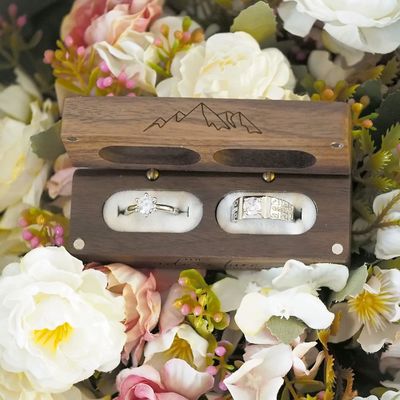 Rustic Vintage Solid Wood Rectangle Jewelry Storage 2 Ring Box with TIMBER Engraving