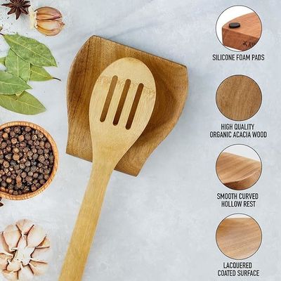 Gift Craft Industrial Acacia Wood Spoon Holder Rest for Kitchen Non Slip Silicone Feet
