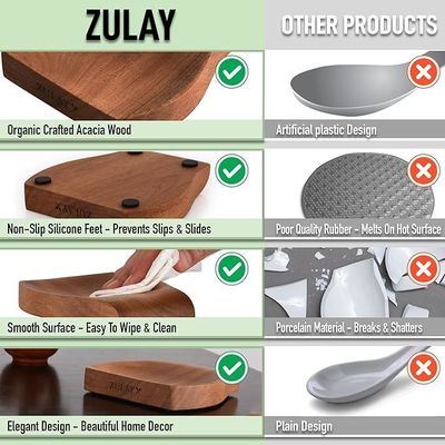 Gift Craft Industrial Acacia Wood Spoon Holder Rest for Kitchen Non Slip Silicone Feet