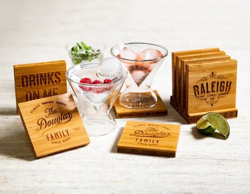 Family Name Coasters with Optional Holder Made of Bamboo Beech Walnut Oak MDF or Pine