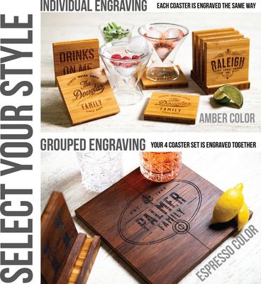 Family Name Coasters with Optional Holder Made of Bamboo Beech Walnut Oak MDF or Pine