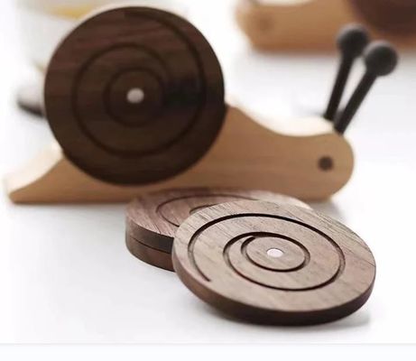 Cute Snail Solid Wood Coaster Insulation Mat Set Of 5 With Holder Desktop Decoration Gift