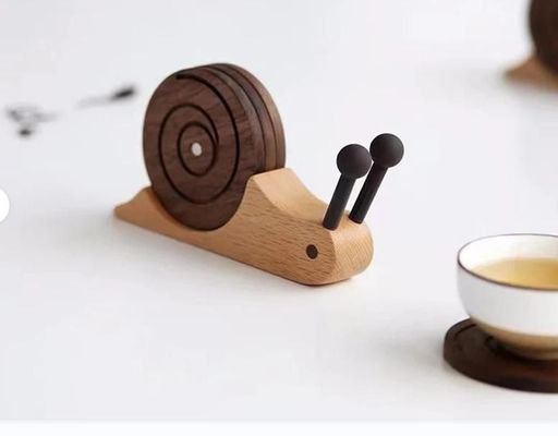 Cute Snail Solid Wood Coaster Insulation Mat Set Of 5 With Holder Desktop Decoration Gift