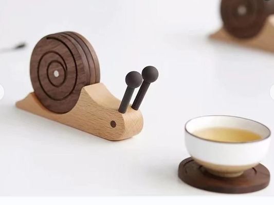 Cute Snail Solid Wood Coaster Insulation Mat Set Of 5 With Holder Desktop Decoration Gift