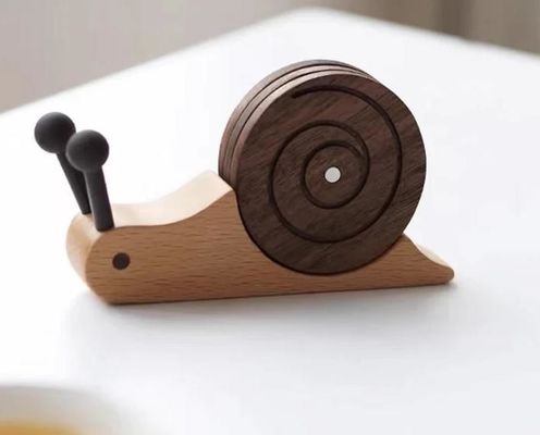 Cute Snail Solid Wood Coaster Insulation Mat Set Of 5 With Holder Desktop Decoration Gift