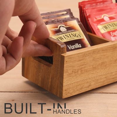 Acacia Wood Tea Bag Box with Handle 3 Compartments Mini Countertop Storage Container