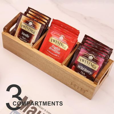 Acacia Wood Tea Bag Box with Handle 3 Compartments Mini Countertop Storage Container