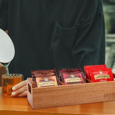 Acacia Wood Tea Bag Box with Handle 3 Compartments Mini Countertop Storage Container