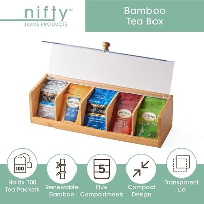 100 Tea Packet Capacity Wooden Tea Box Natural Wooden Bamboo 5 Compartment Organizer