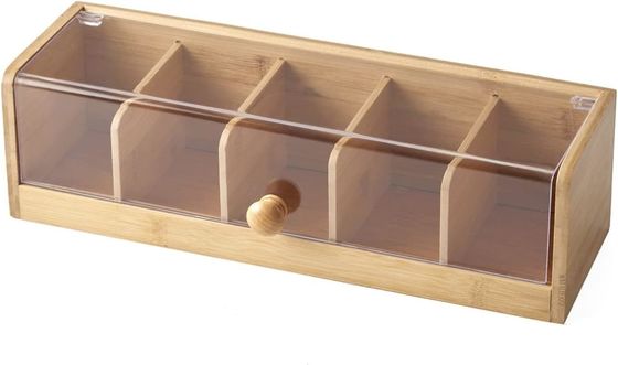100 Tea Packet Capacity Wooden Tea Box Natural Wooden Bamboo 5 Compartment Organizer