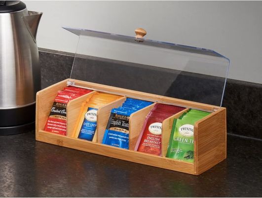 100 Tea Packet Capacity Wooden Tea Box Natural Wooden Bamboo 5 Compartment Organizer
