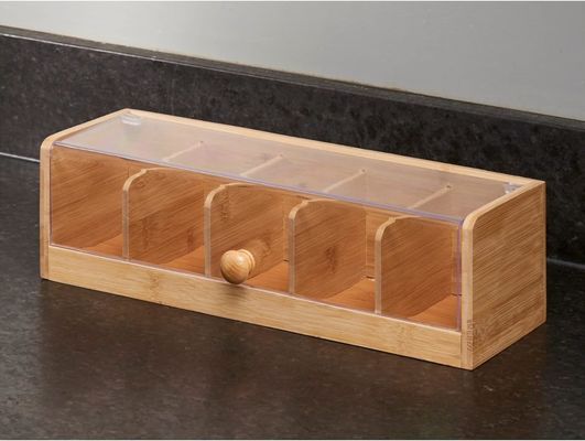 100 Tea Packet Capacity Wooden Tea Box Natural Wooden Bamboo 5 Compartment Organizer