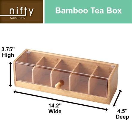 100 Tea Packet Capacity Wooden Tea Box Natural Wooden Bamboo 5 Compartment Organizer
