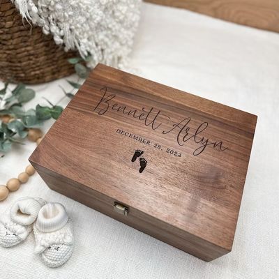 Wooden Baby Memory Keepsake Box Handmade Walnut Personalized Gift for Baby's Memories