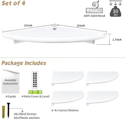 Custom Living Room Decor Set of 4 Corner Round White Floating Book Shelves for Wall