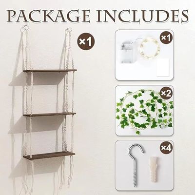 Home Furniture 3 Tier Macrame Wall Hanging Shelf with Wooden Floating Storage Shelves