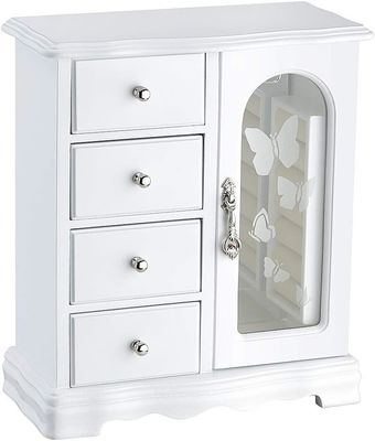 Handmade White Solid Wood Jewelry Box with 4 Drawers Large Mirror and Necklace Carousel