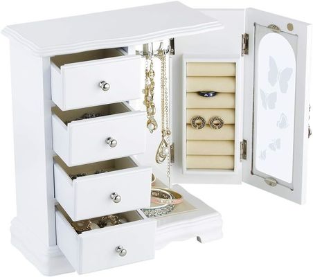 Handmade White Solid Wood Jewelry Box with 4 Drawers Large Mirror and Necklace Carousel