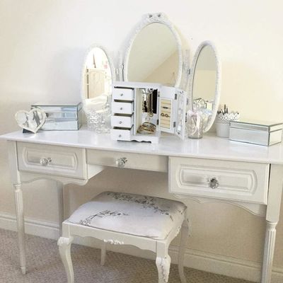 Handmade White Solid Wood Jewelry Box with 4 Drawers Large Mirror and Necklace Carousel