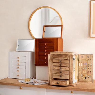 Large 7-Layer Wooden Jewelry Box With Mirror For Earrings Bracelet Necklace Watch Ring