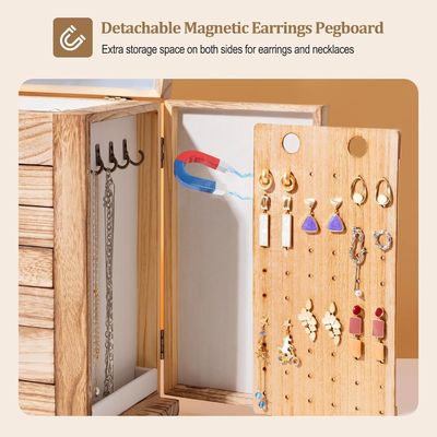 Large 7-Layer Wooden Jewelry Box With Mirror For Earrings Bracelet Necklace Watch Ring