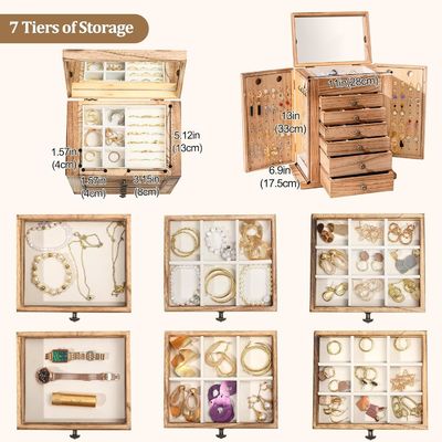 Large 7-Layer Wooden Jewelry Box With Mirror For Earrings Bracelet Necklace Watch Ring