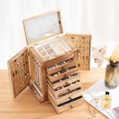 Large 7-Layer Wooden Jewelry Box With Mirror For Earrings Bracelet Necklace Watch Ring