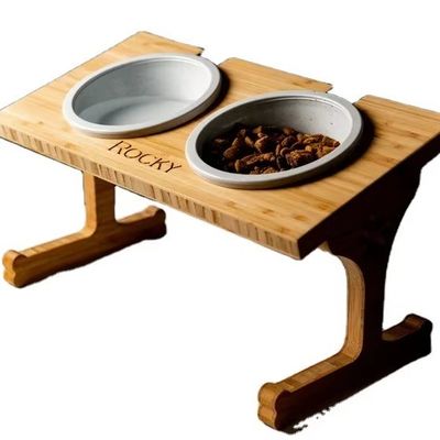 15-Degree Tilt Pet Bowl Stand Customized Wood Printing Laser Engrave Two Removable Bowls