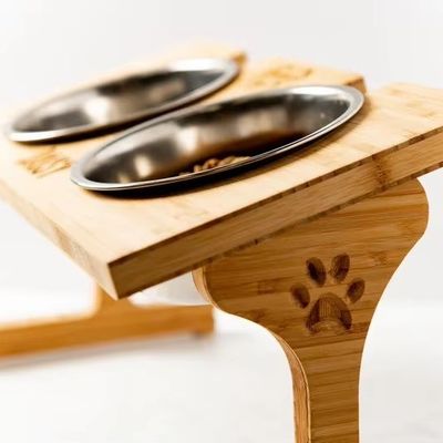 15-Degree Tilt Pet Bowl Stand Customized Wood Printing Laser Engrave Two Removable Bowls