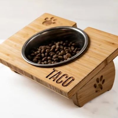 15-Degree Tilt Pet Bowl Stand Customized Wood Printing Laser Engrave Two Removable Bowls