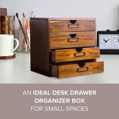 Organize Your Office Supplies in Style with a Rustic Wooden Storage Box and 4 Drawers