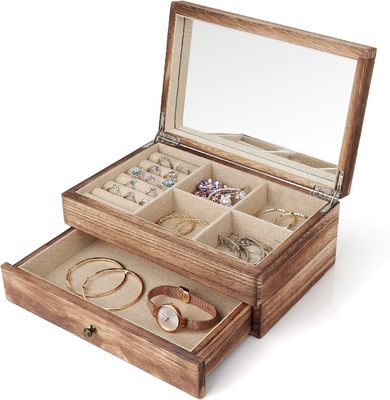 Custom Oem Logo Rustic Wooden Jewelry Box With Mirror Ring Tray Large Size Craft Gift