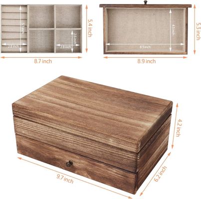 Custom Oem Logo Rustic Wooden Jewelry Box With Mirror Ring Tray Large Size Craft Gift