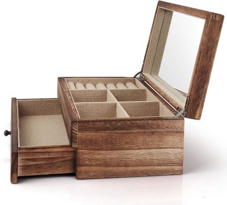 Custom Oem Logo Rustic Wooden Jewelry Box With Mirror Ring Tray Large Size Craft Gift