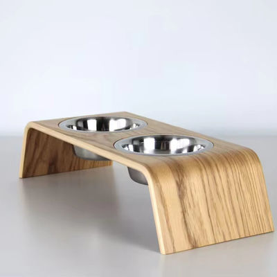 202407 Pet Gift Personalized Wooden Raised Food Stand with Two Stainless Steel Bowls