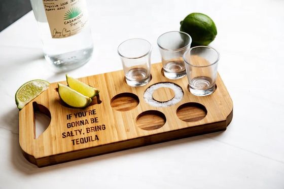 Modern Stylish Bamboo Board Flight Beer Tray with Engraved Wood Shot Glass Holders
