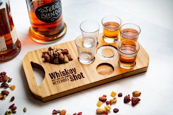 Modern Stylish Bamboo Board Flight Beer Tray with Engraved Wood Shot Glass Holders