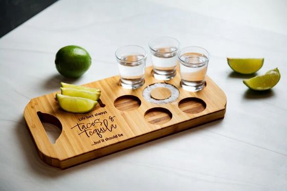 Modern Stylish Bamboo Board Flight Beer Tray with Engraved Wood Shot Glass Holders