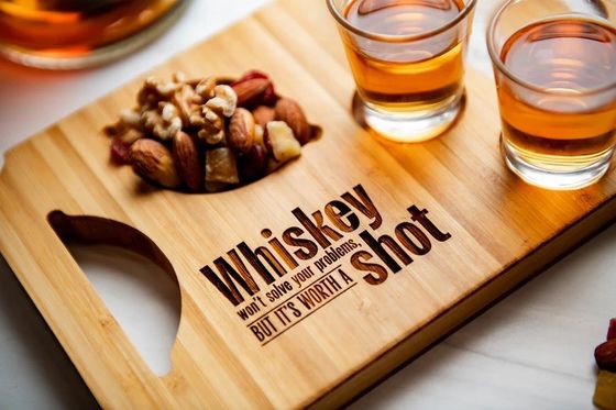 Modern Stylish Bamboo Board Flight Beer Tray with Engraved Wood Shot Glass Holders