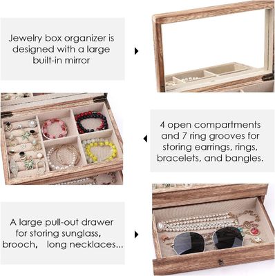 Custom Oem Logo Rustic Wooden Jewelry Box With Mirror Ring Tray Large Size Craft Gift