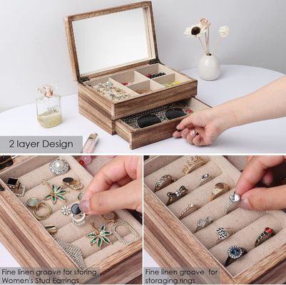 Custom Oem Logo Rustic Wooden Jewelry Box With Mirror Ring Tray Large Size Craft Gift