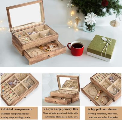 Custom Oem Logo Rustic Wooden Jewelry Box With Mirror Ring Tray Large Size Craft Gift