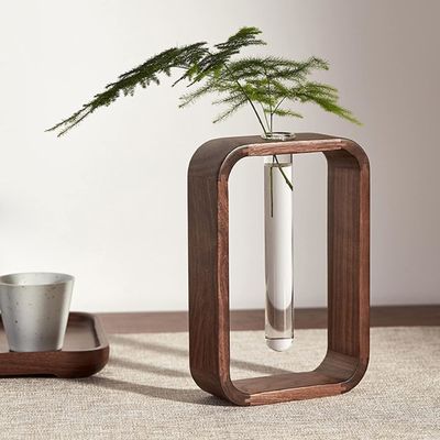 Garden Plant Decor Transparent Glass Vase Plant Holder Small Size Walnut Rectangle Wood Frame Flower Stand Table