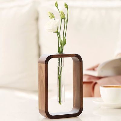 Garden Plant Decor Transparent Glass Vase Plant Holder Small Size Walnut Rectangle Wood Frame Flower Stand Table