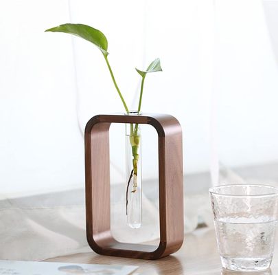 Garden Plant Decor Transparent Glass Vase Plant Holder Small Size Walnut Rectangle Wood Frame Flower Stand Table