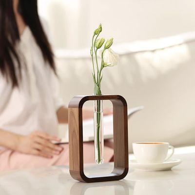 Garden Plant Decor Transparent Glass Vase Plant Holder Small Size Walnut Rectangle Wood Frame Flower Stand Table